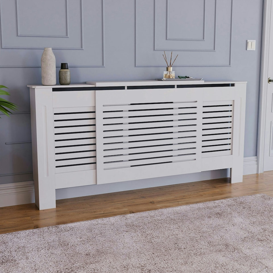 image 1 of Vida Designs Milton Radiator Cover Painted MDF Slatted Cabinet Extendable, White, 140-204cm