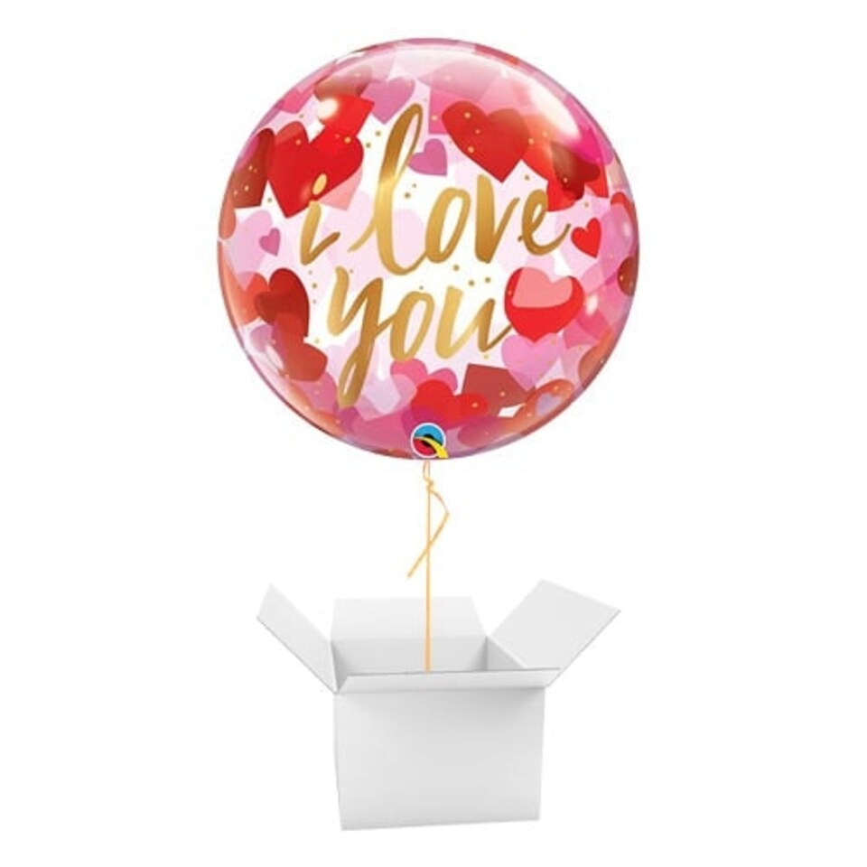 I Love You Paper Hearts See-Thru Bubble Helium Qualatex Balloon - Inflated Balloon in a Box Multi