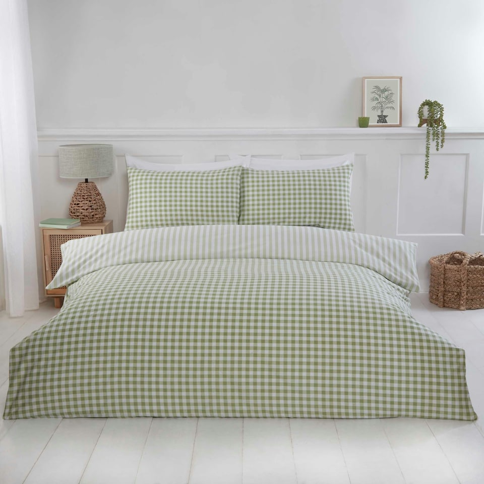 image 1 of Gingham Polycotton Check Polycotton Duvet Cover Set With Pillowcase Green | King