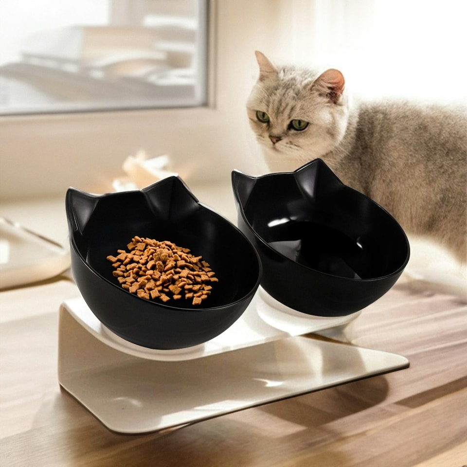 image 1 of Living and Home 15° Tilted Elevated Feeder with Double Cat Bowls, Black | Black