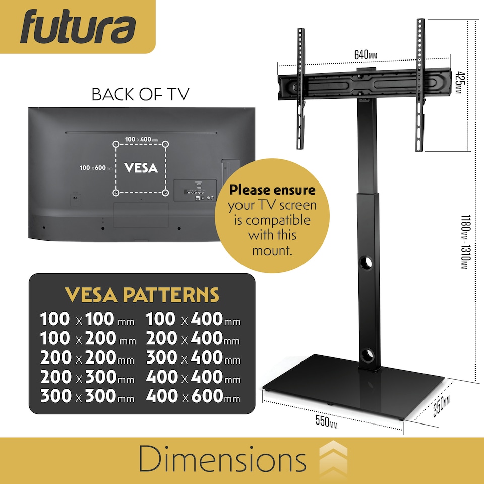 image 1 of Futura 30 to 75 Inch Universal TV Floor Stand Swivel Height Adjustable 40kg Load Black