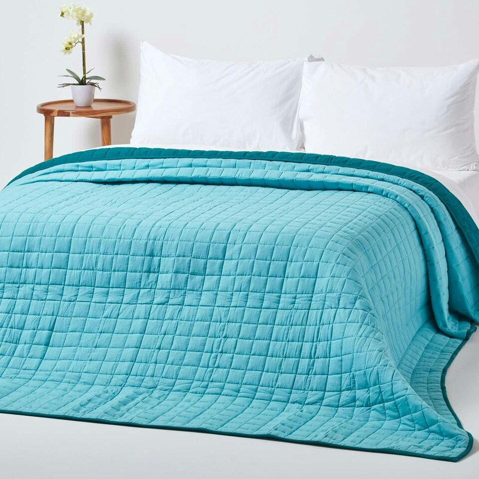 image 1 of Homescapes Cotton Quilted Reversible Bedspread Teal and Blue - 200 x 200 cm | Blue