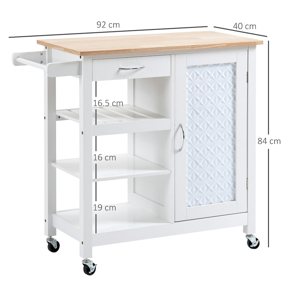 image 1 of HOMCOM Kitchen Cart on Wheels Trolley with Embossed Door Panel, Drawer, White
