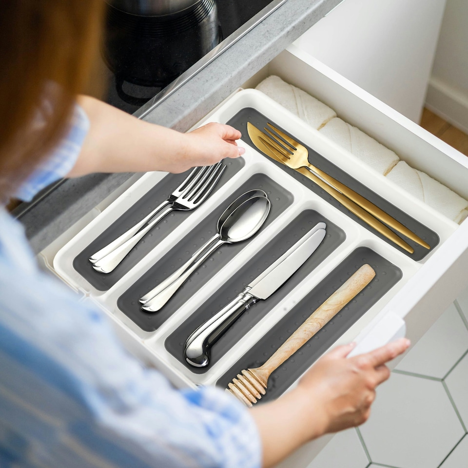 image 1 of Plastic Kitchen Cutlery Tray Organiser Rack Holder Drawer Insert Tidy Storage Grey