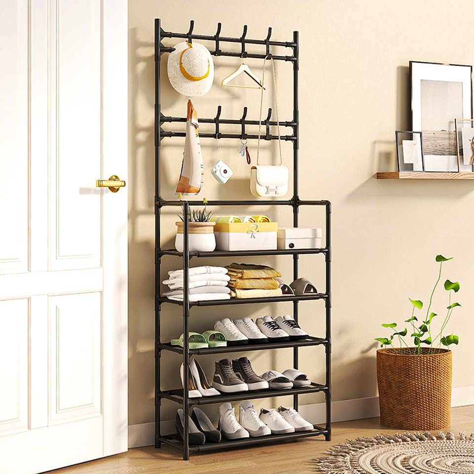 image 1 of Living and Home 5-Tier Freestanding Coat Rack with Shelves - 60x175cm Black