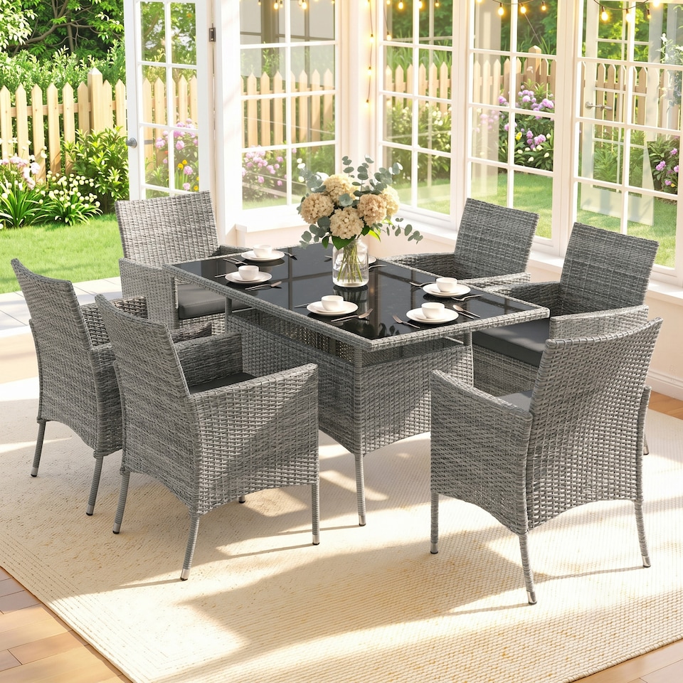 image 1 of Outsunny 7-Piece Rattan Dining Set for 6 with Cushions, Glass Top Table
