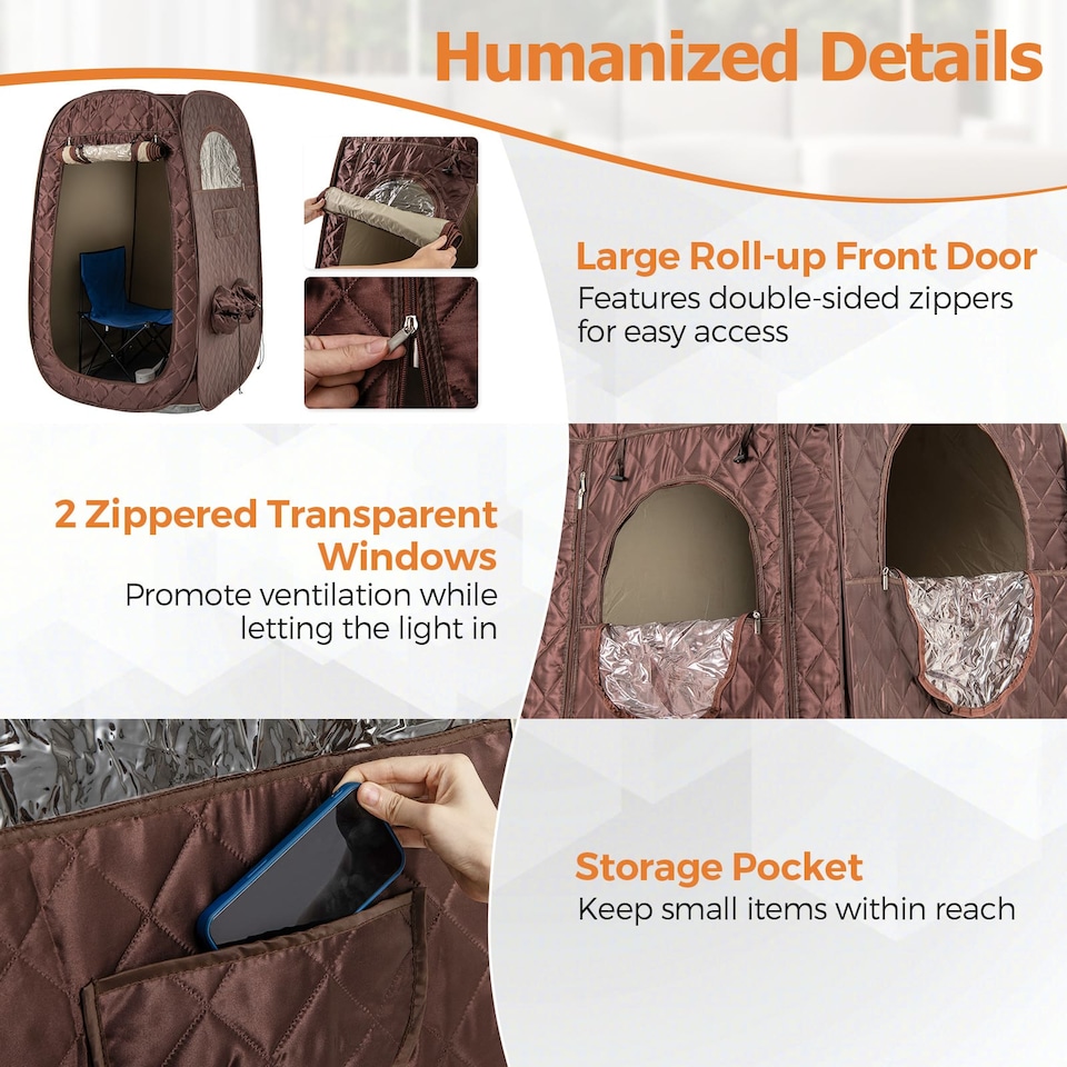 image 1 of COSTWAY Portable Steam Sauna Tent 1 or 2 People Sauna Tent Foldable Chair-Coffee