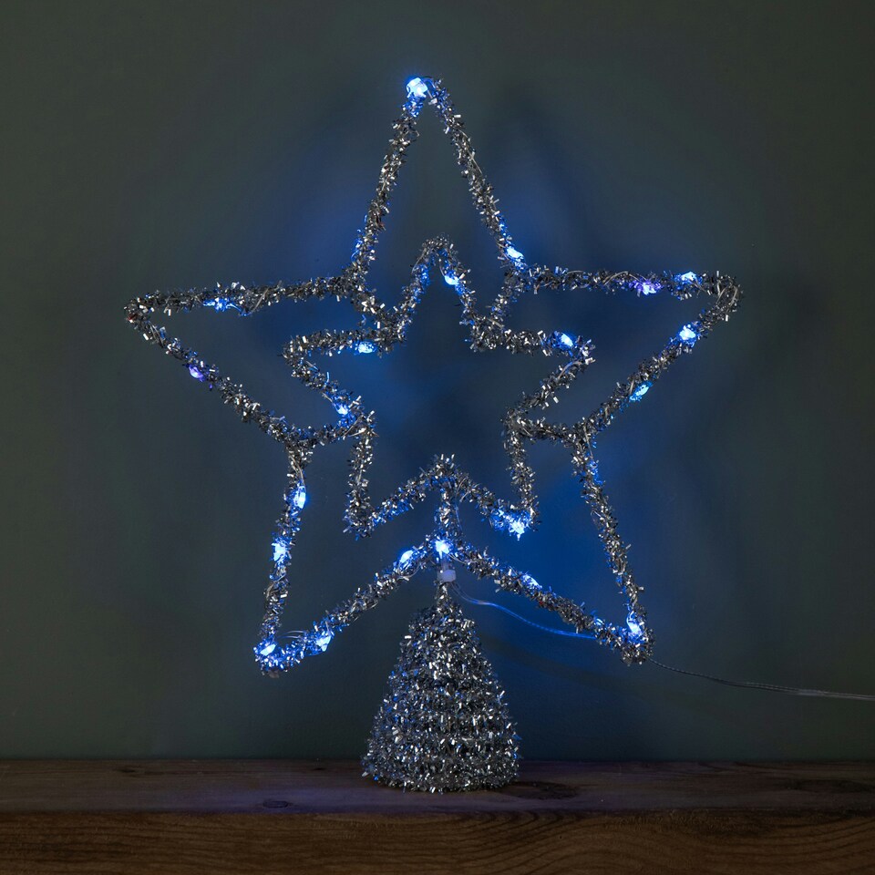 image 1 of 28cm Battery Powered Silver Christmas Star Tree Topper with Blue Multi-Action LEDs