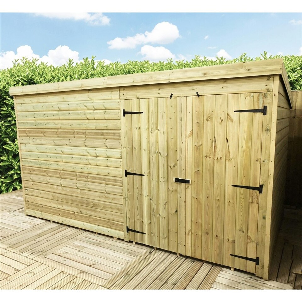 image 1 of 14 x 8 WINDOWLESS Garden Shed Pressure Treated T&G PENT Wooden Garden Shed + Double Doors (14' x 8' / 14ft x 8ft) (14x8)