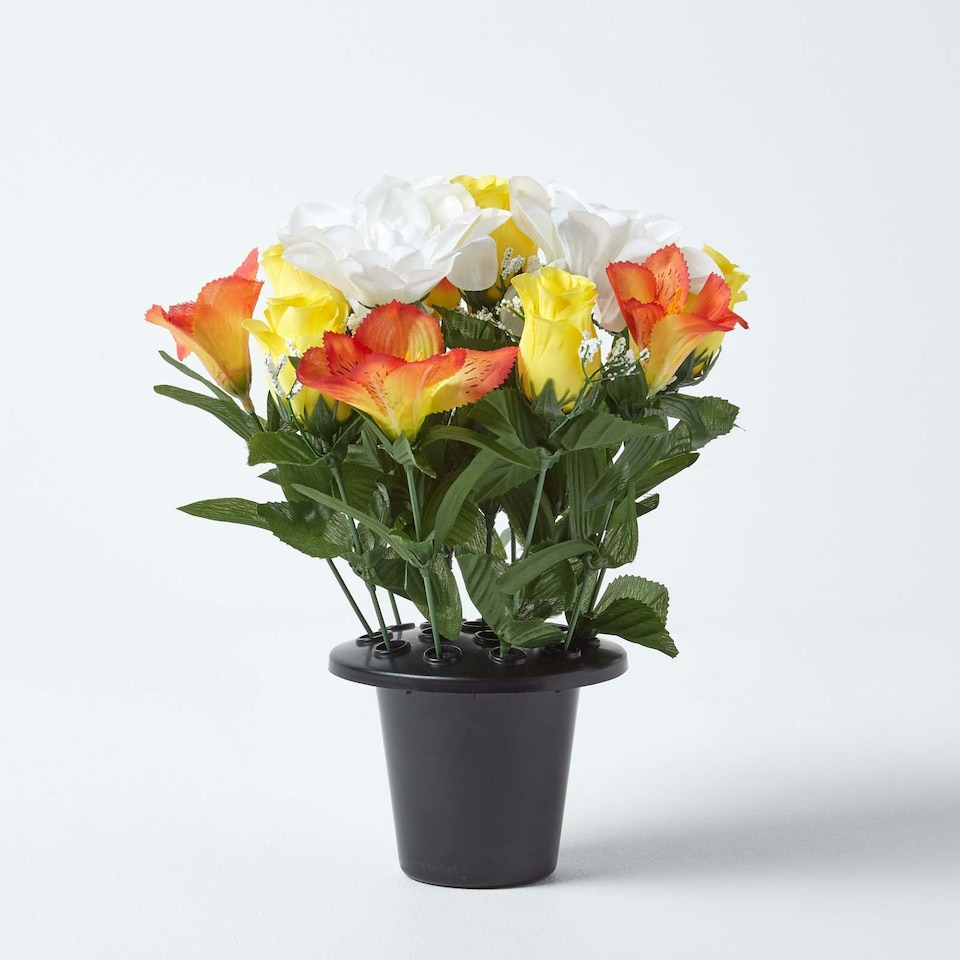 image 1 of Homescapes Set of 2 Purple, Orange & White Roses & Peonies Artificial Flowers in Grave Vases