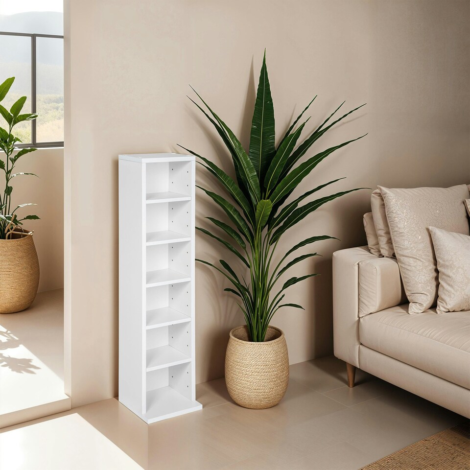 image 1 of CD DVD Storage Tower Media Display Unit Adjustable Shelves Wood Effect 102 CDs or 27 DVDs White