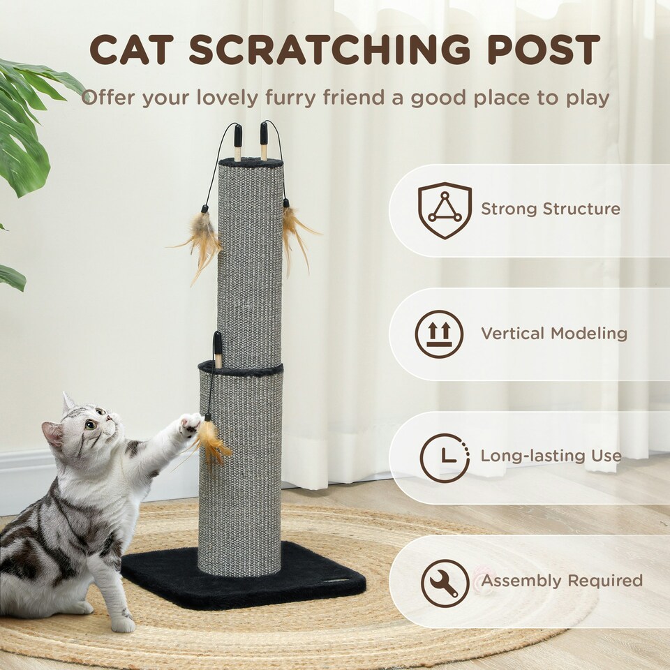 image 1 of PawHut Cat Scratch Post 2-in-1 with 3 Toy Feathers, 78cm Tall, Black