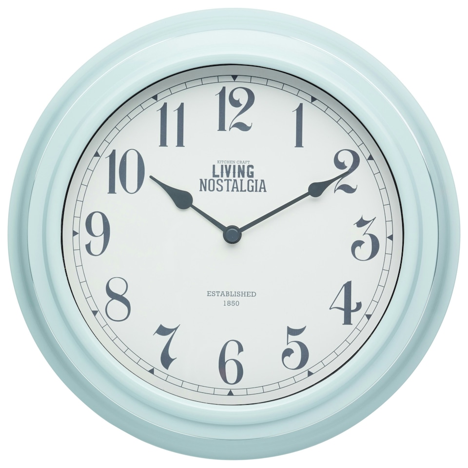 image 1 of 2pc Vintage Blue Kitchenware Set with Wall Clock and Mechanical Weighing Scales