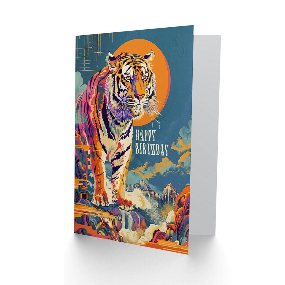 image 1 of Colourful Tiger Japanese Temple Waterfall Him Birthday Card