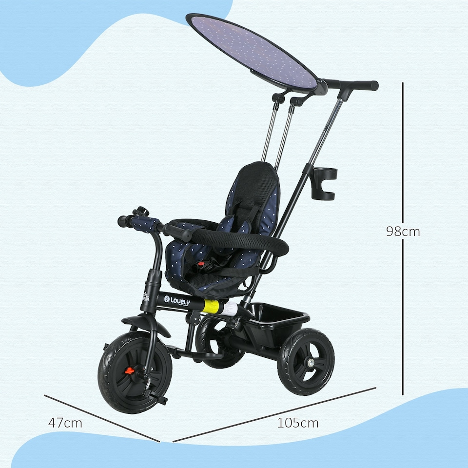 image 1 of HOMCOM 6 in 1 Kids Tricycle w/ Removable Handle for 1.5+ year, Dark Blue
