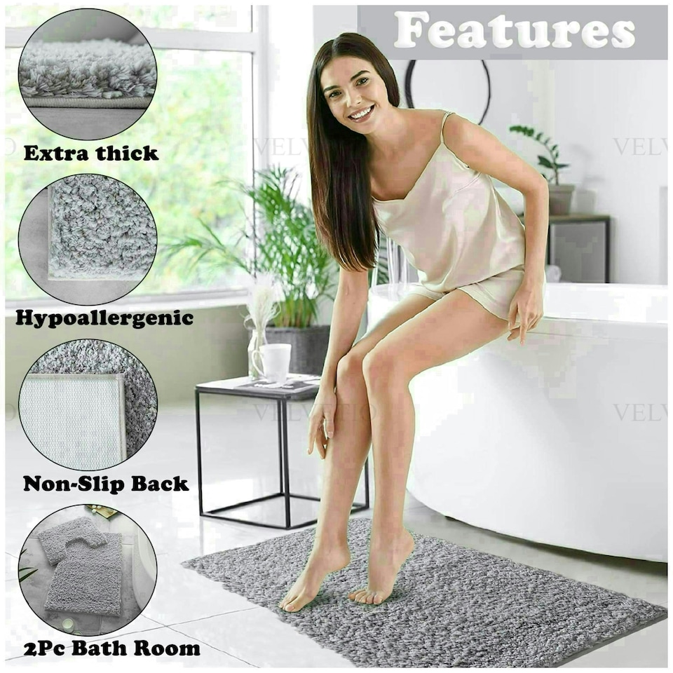 image 1 of VELVETIO Bath Mats & Pedestal Mat Set Anti Slip Super Soft Water Absorbent Grey