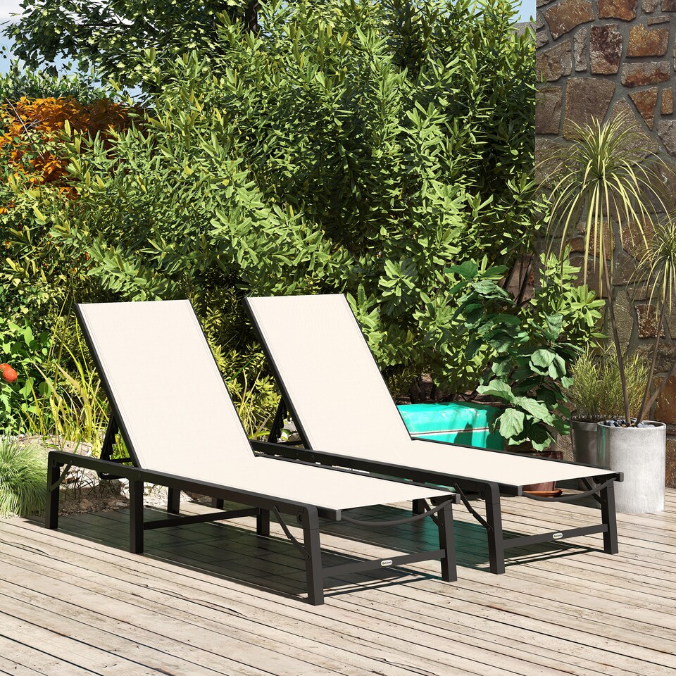 image 1 of Outsunny Folding Sun Lounger Set of 2, 5-Position Adjustable Reclining Garden Loungers, Garden Chaise Lounge Sunbed Recliner Chairs with Steel Frame for Beach, Porch, Patio, Camping, Khaki | Brown | Khaki