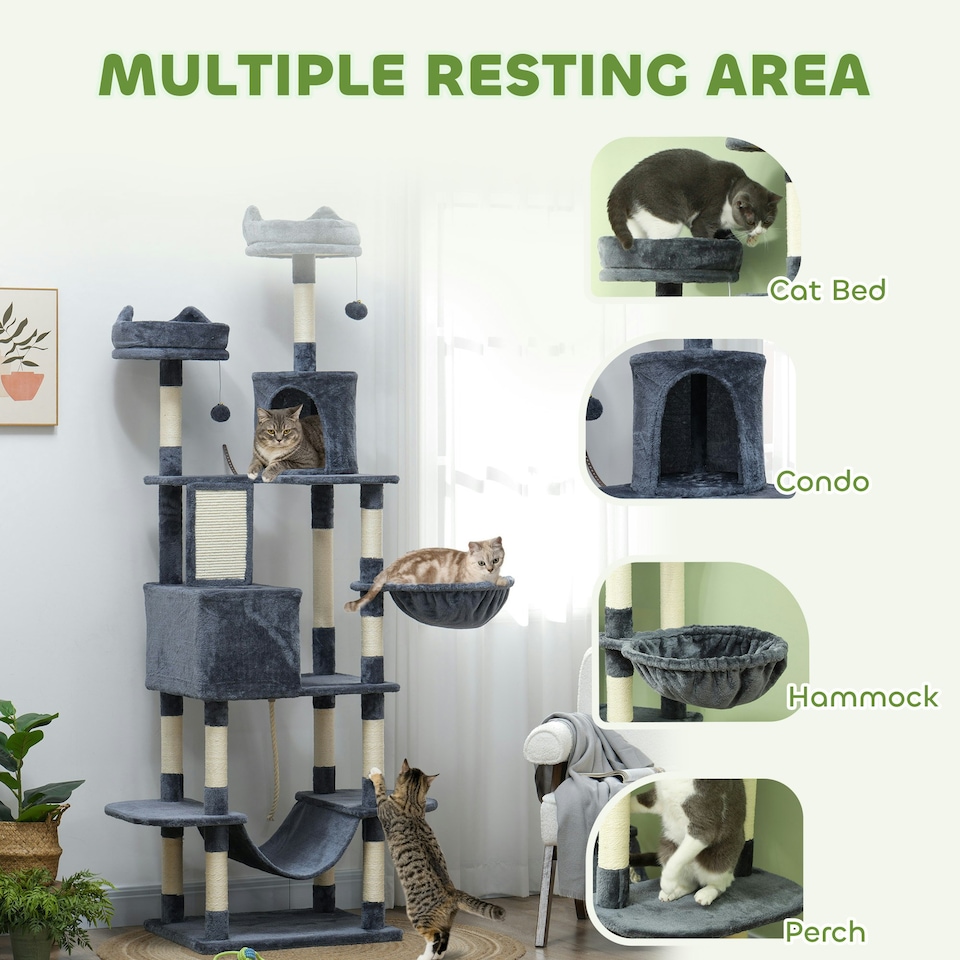 image 1 of PawHut 206cm Cat Tree with Scratching Posts Beds Condos Hammocks, Dark Grey