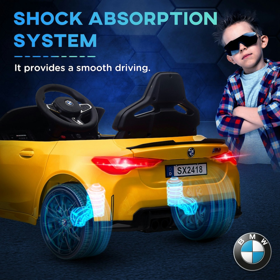 image 1 of AIYAPLAY 12V BMW M4 Licensed Kids Electric Car w/ Remote, Suspension, Yellow