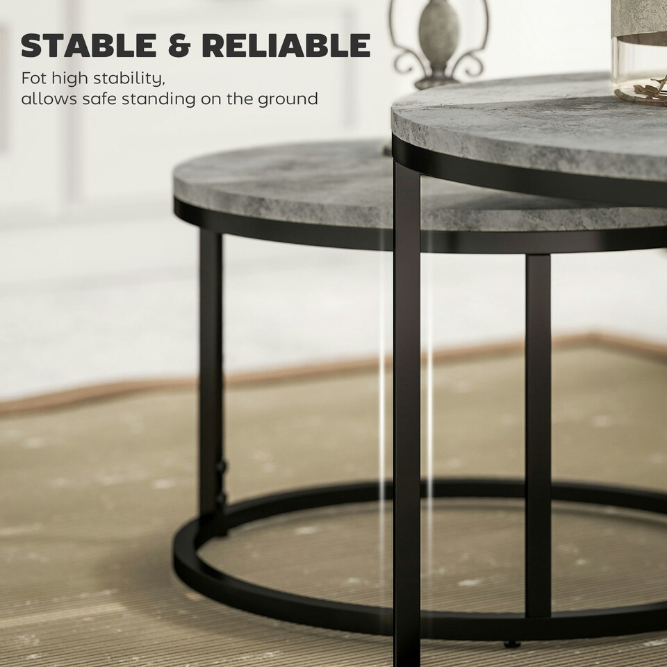 image 1 of HOMCOM 2 Pcs Stacking Coffee Table Set Steel Frame Marble-Effect Top Foot Pads | Grey | 78.5x78.5x46.5