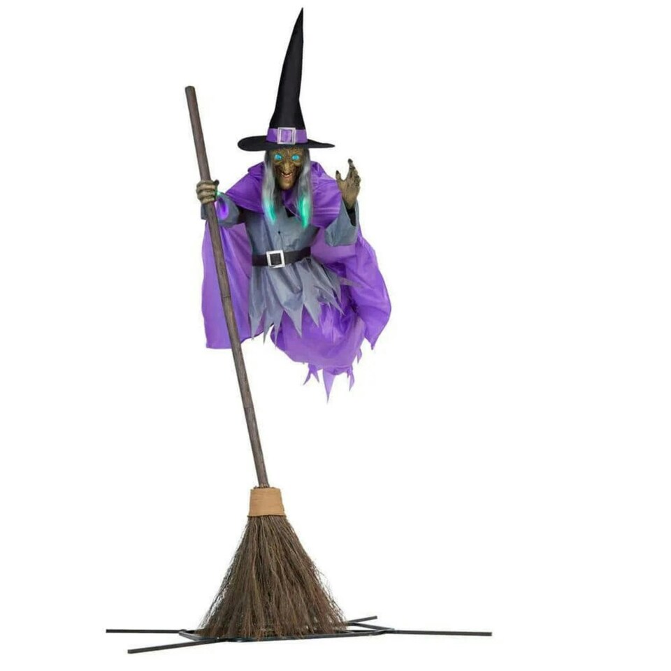 image 1 of Home Accents Holiday 12ft Giant Animated Hovering Halloween Witch with Broomstick and LEDs