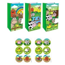 Assorted Farm Animal Paper Party Bags with Sealing Stickers - Pack of 12