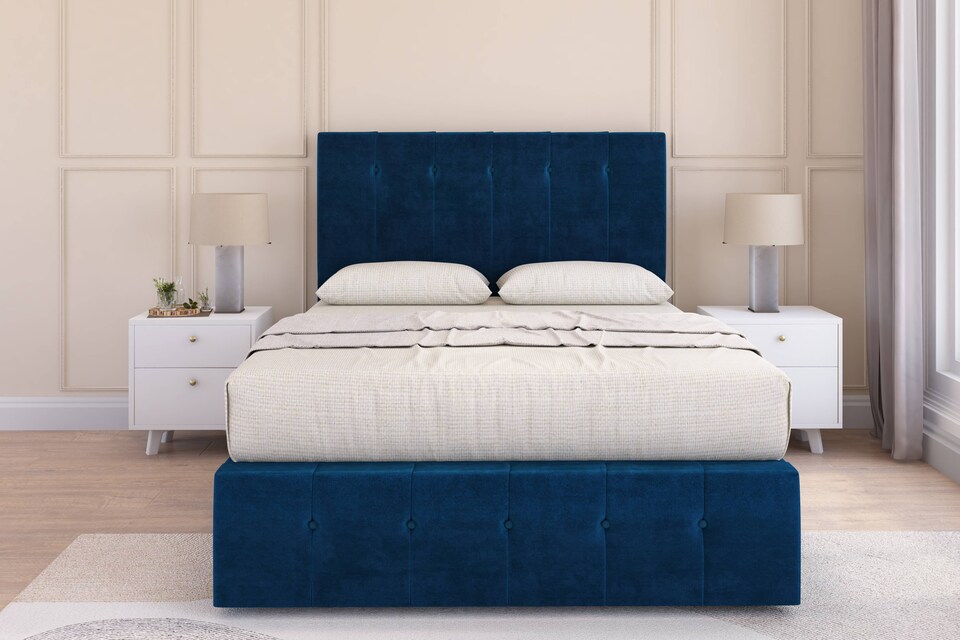 image 1 of Sloomy Cambridge Navy Plush Divan Bed Base 2 Drawers Foot-End With 54 Inch Floor Standing Headboard & 12 Inch Matching Footboard | Blue | Navy | Super King | 1