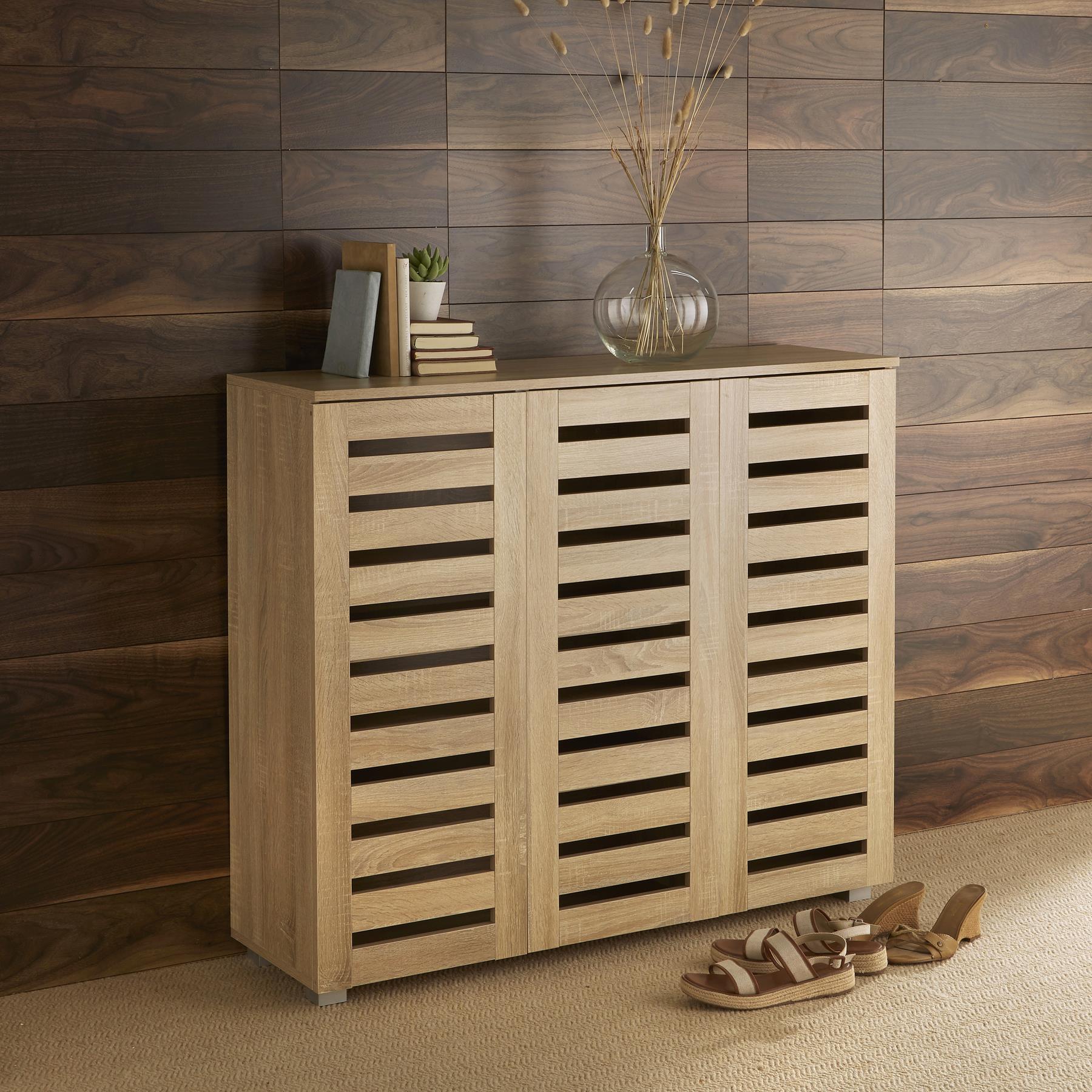 Oslo 3 Door Wooden Shoe Storage Cabinet Rack Stand Cupboard Slatted Doors | Brown
