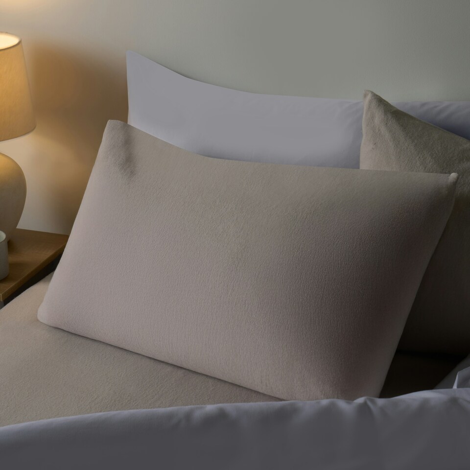 image 1 of OHS 100% Brushed Cotton Soft Cosy Fleece 2 Pack Pillowcases Brown | Natural