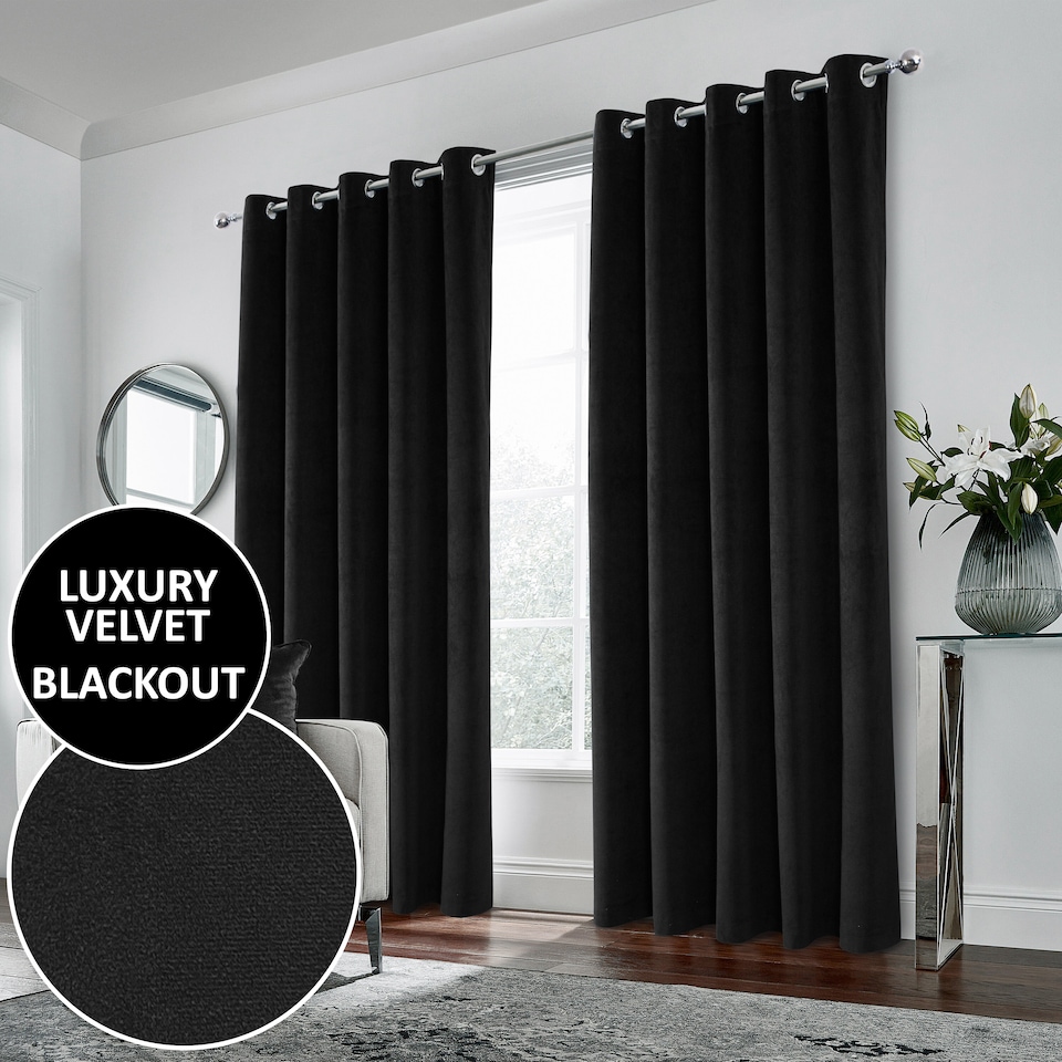 image 1 of Luxury Enhanced Living Black Velvet, Supersoft, 100% Blackout, Thermal Pair of Curtains with Eyelet Top - 46 x 72 inch (117x183cm)
