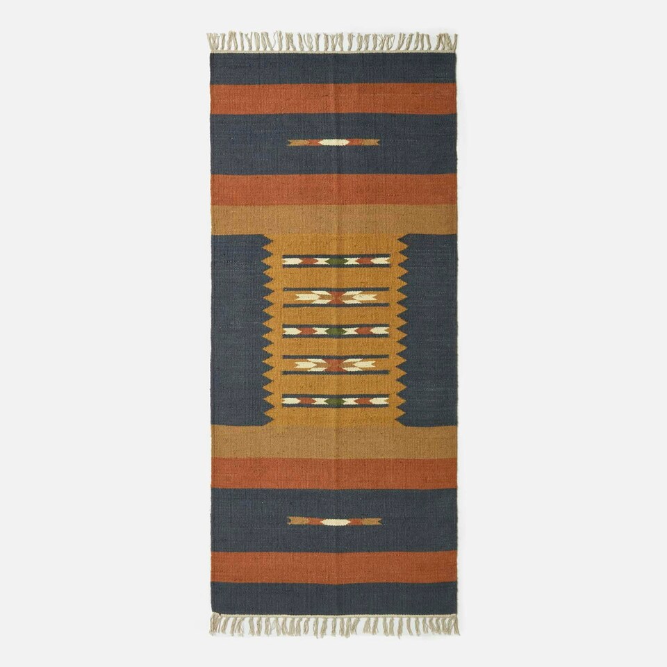 image 1 of Homescapes Lundi Orange and Blue Kilim Runner Cotton and Jute Rug - 80 x 180 cm