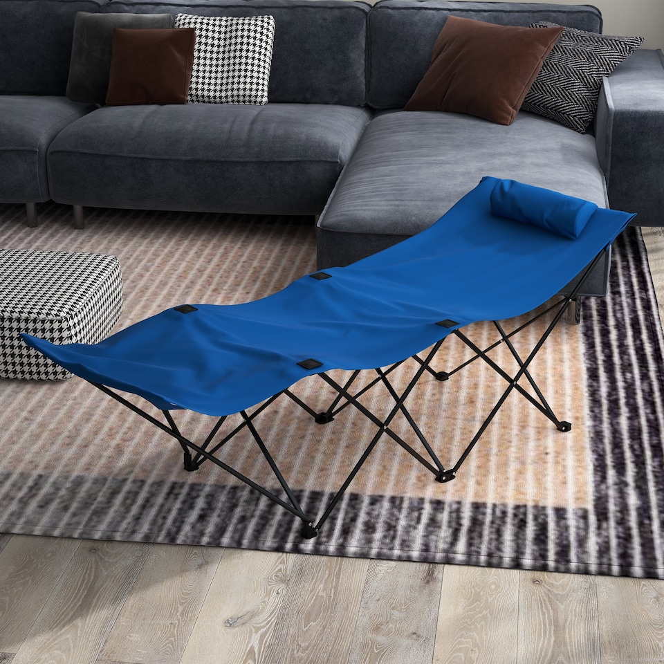 image 1 of Outsunny Camping Bed for Adults, Single Folding Camp Bed with Headrest, Portable Camping Cot with Oxford Seat and Side Pocket for Outdoor, Travel, Fishing, Dark Blue