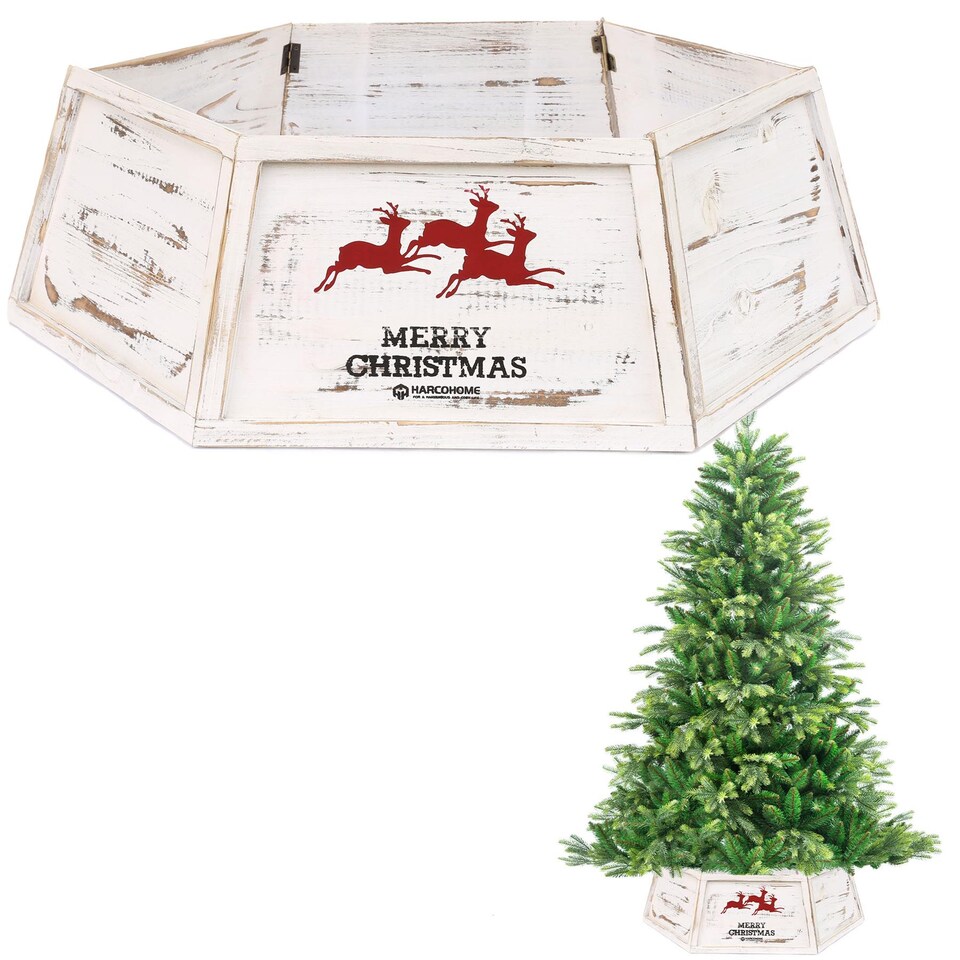 image 1 of 31.5 Inch Wooden Hexagon Christmas Tree Collar in Distressed White Finish