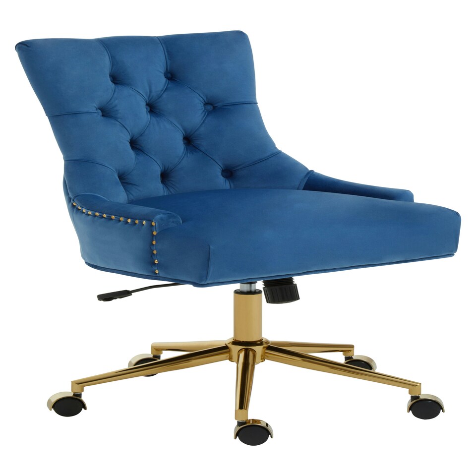 image 1 of Interiors by Premier Luxury Blue Velvet Home Office Chair, Comfortable Blue Office Desk Chair with Gold Base, Modern Chair