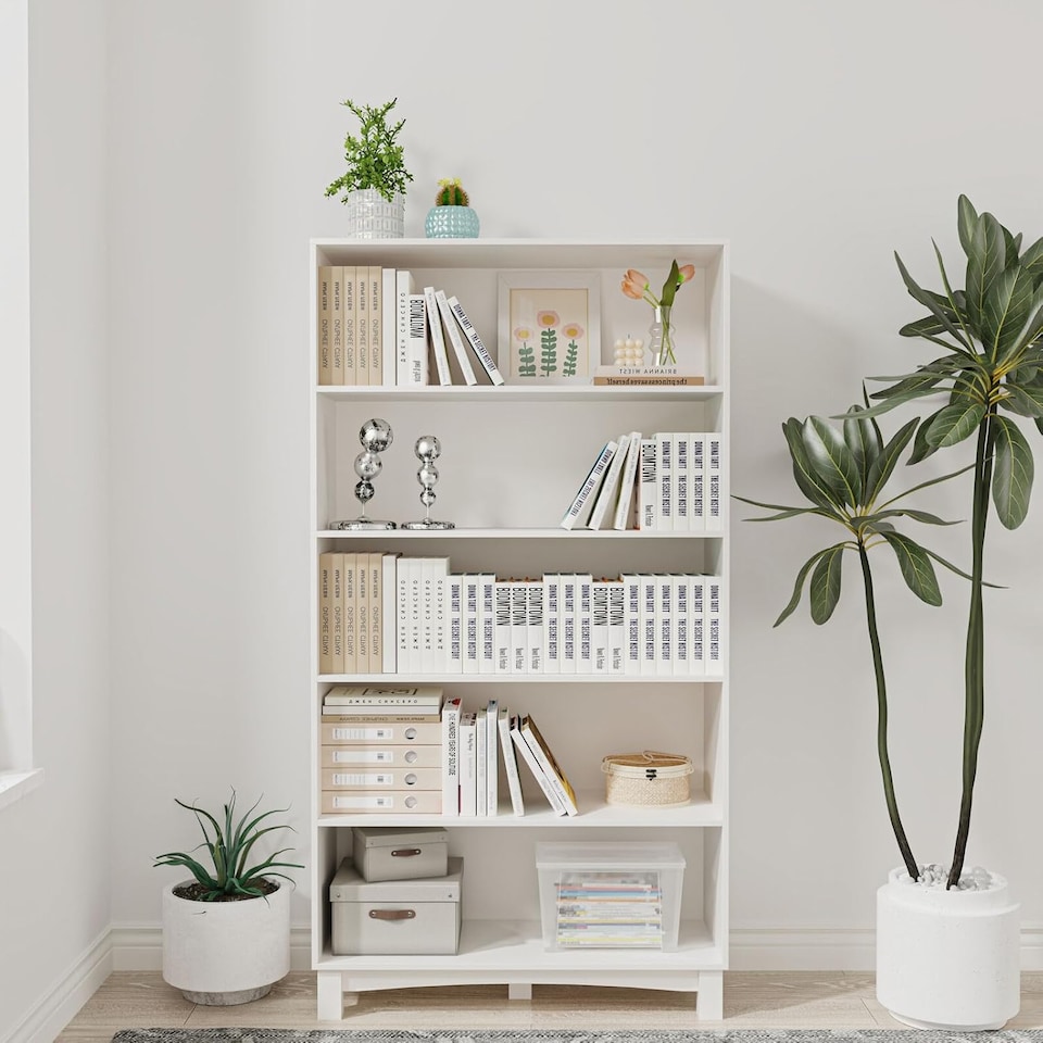 image 1 of Wide Shelf Tier Wooden Bookcase Shelving Modern Open Display Storage Cabinet | White | White 5 Tier Wide | 1