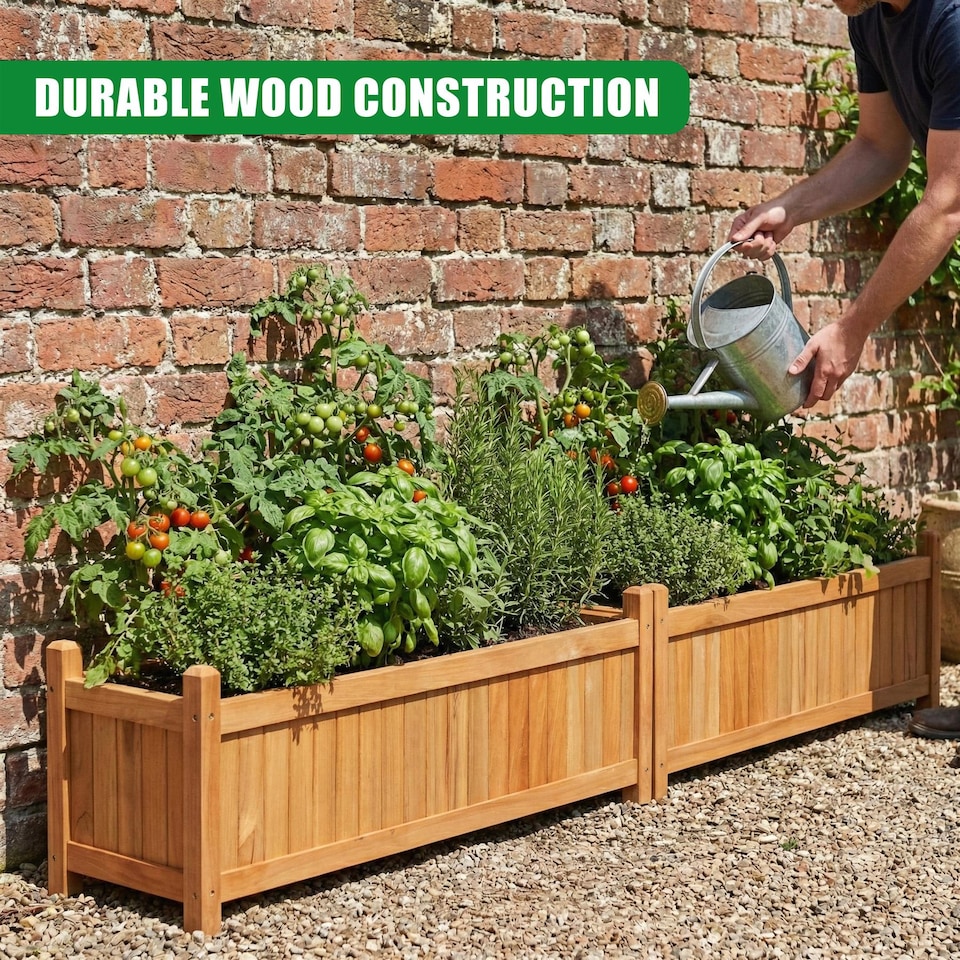 image 1 of GEEZY Wooden Rectangular Garden Flower Planters Brown Set of 2