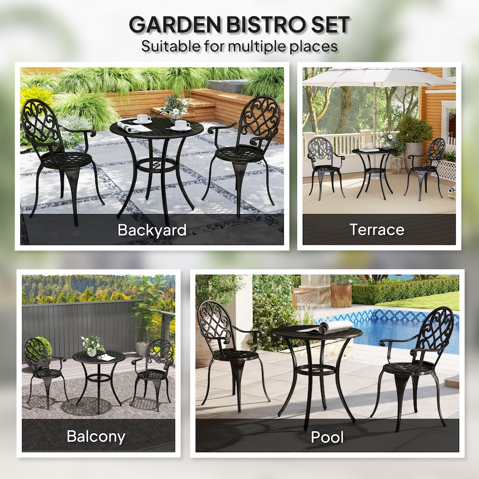 image 1 of Outsunny 3PCs Bistro Set, Aluminium Garden Table and Chairs Black