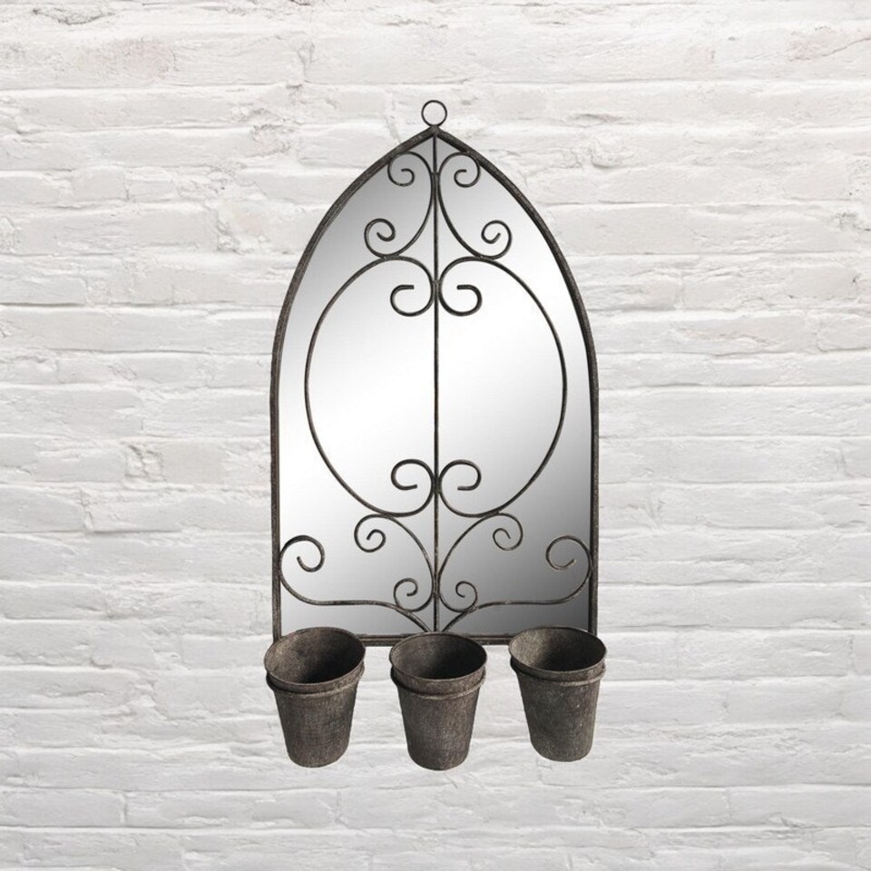image 1 of Rusty Wall Mirror with Triple Planter - Distressed Metal - L15 x W45 x H73 cm Black