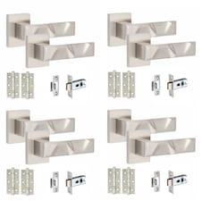 Golden Grace 4 Pairs Modern Nova Premium Design Door Handles on Square Rose in Satin Nickel Finish with 3" Ball Bearing Hinges and 2.5" Tubular Latch | Grey | 4 Pairs