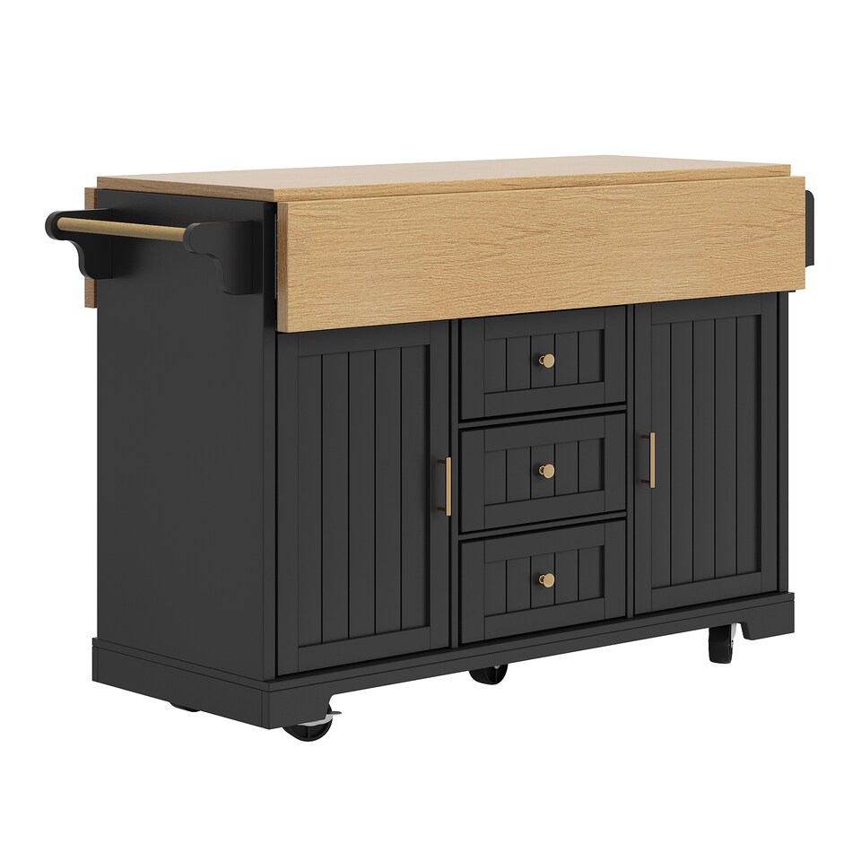 image 1 of VILUXE Kitchen island, cabinet, sideboard 120 x 40 (80) x 95 cm, extendable kitchen trolley with casters, extendable on both sides, with towel rail and spice rack, two doors, three drawers, black/white