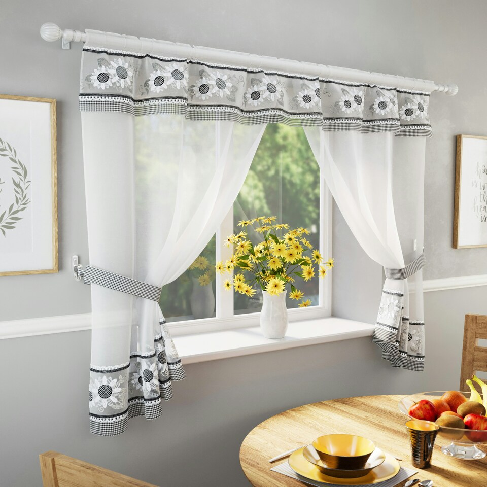 image 1 of Keswick Black Floral Embroidery Window Set 249 x 137 cm Rod Pocket Window Set with Attached Valance and 2 Matching Tie Backs
