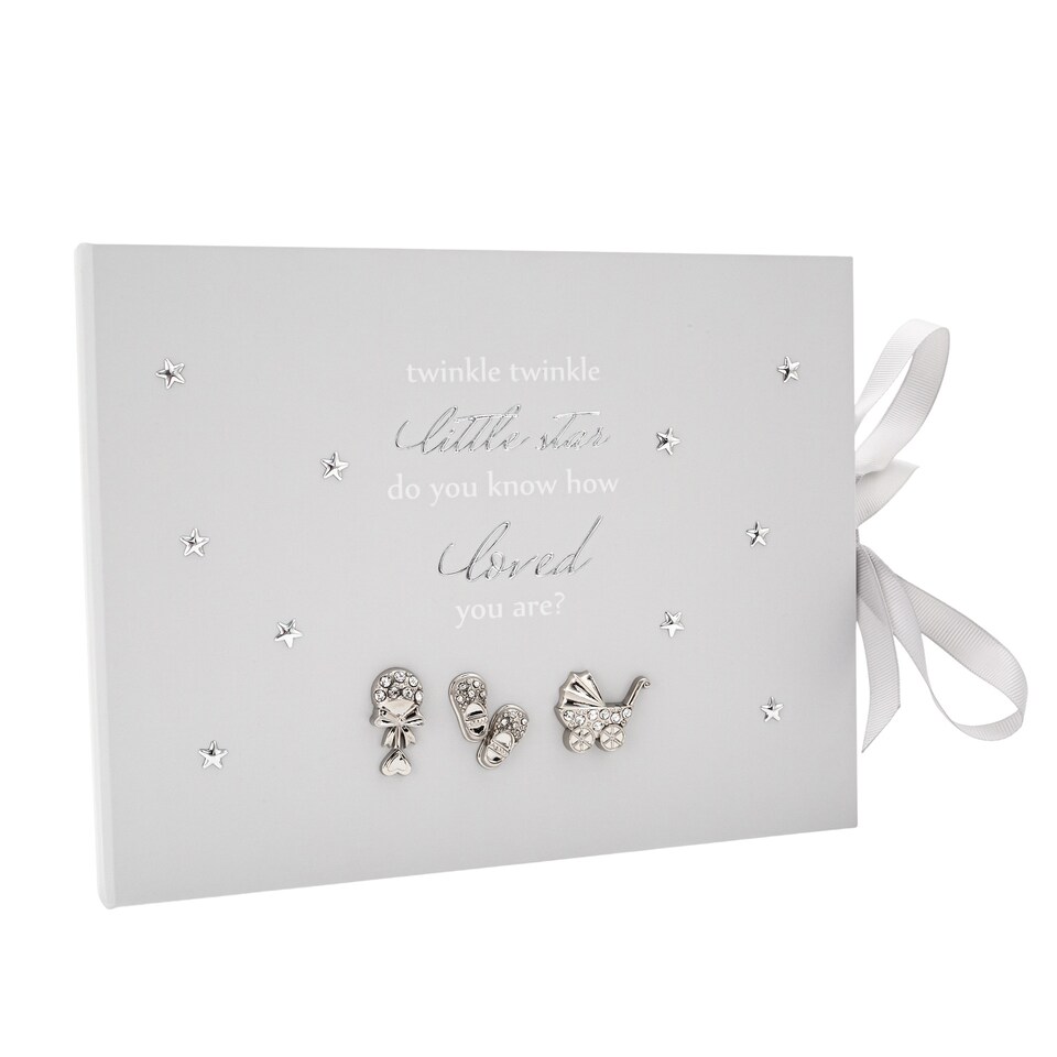 image 1 of Baby Keepsake Guest Book with Silver Plated Rattle Pram and Booties