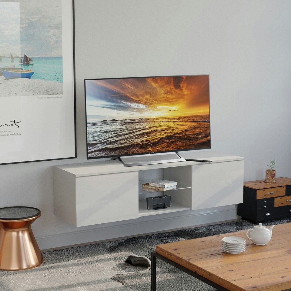 image 1 of MDA Designs Ara White Modern TV Cabinet for Flat TV Screens of up to 65" Entertainment Unit with Built-in Blue LED Lights White