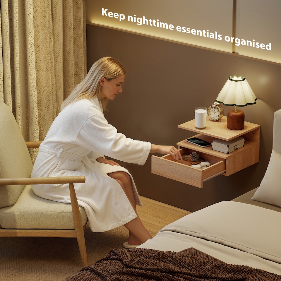 image 1 of HOMCOM Modern Nightstand Set of 2, Wall Mounted Bedside Cabinet, Oak | Brown | Oak | 35W x 32D x 22.5H cm