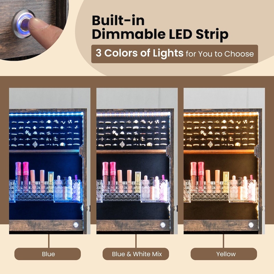 image 1 of COSTWAY Standing Jewelry Cabinet Jewelry Armoire w/ LED Lights Coffee