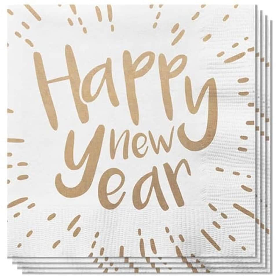 image 1 of Happy New Year White and Gold Biodegradable Luncheon Napkins 33cm 3 Ply - Pack of 20