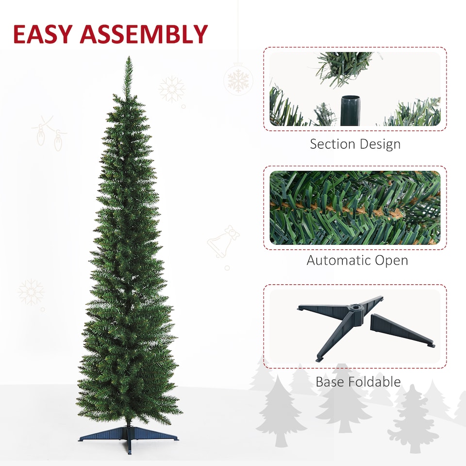 image 1 of HOMCOM 7ft Unlit Artificial Christmas Tree, Pencil Slim mas Tree with Solid Stand and Realistic Branches, Green