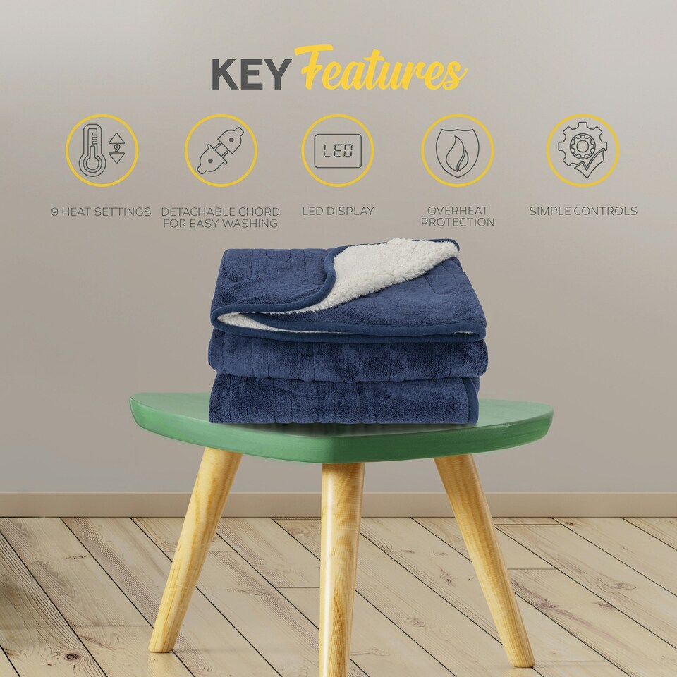 image 1 of MONHOUSE Heated Throw - Electric Blanket - Digital Controller - Timer up to 9 hours, 9 Heat Settings - Machine Washable - Single 130X160cm - NAVY SHEARLING