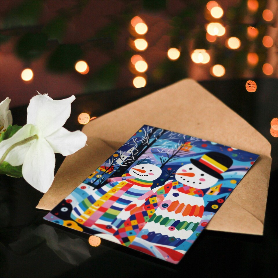 image 1 of Snowman Couple Colourful Folk Art Blank For Him Or Her Art Xmas Festive Christmas Card