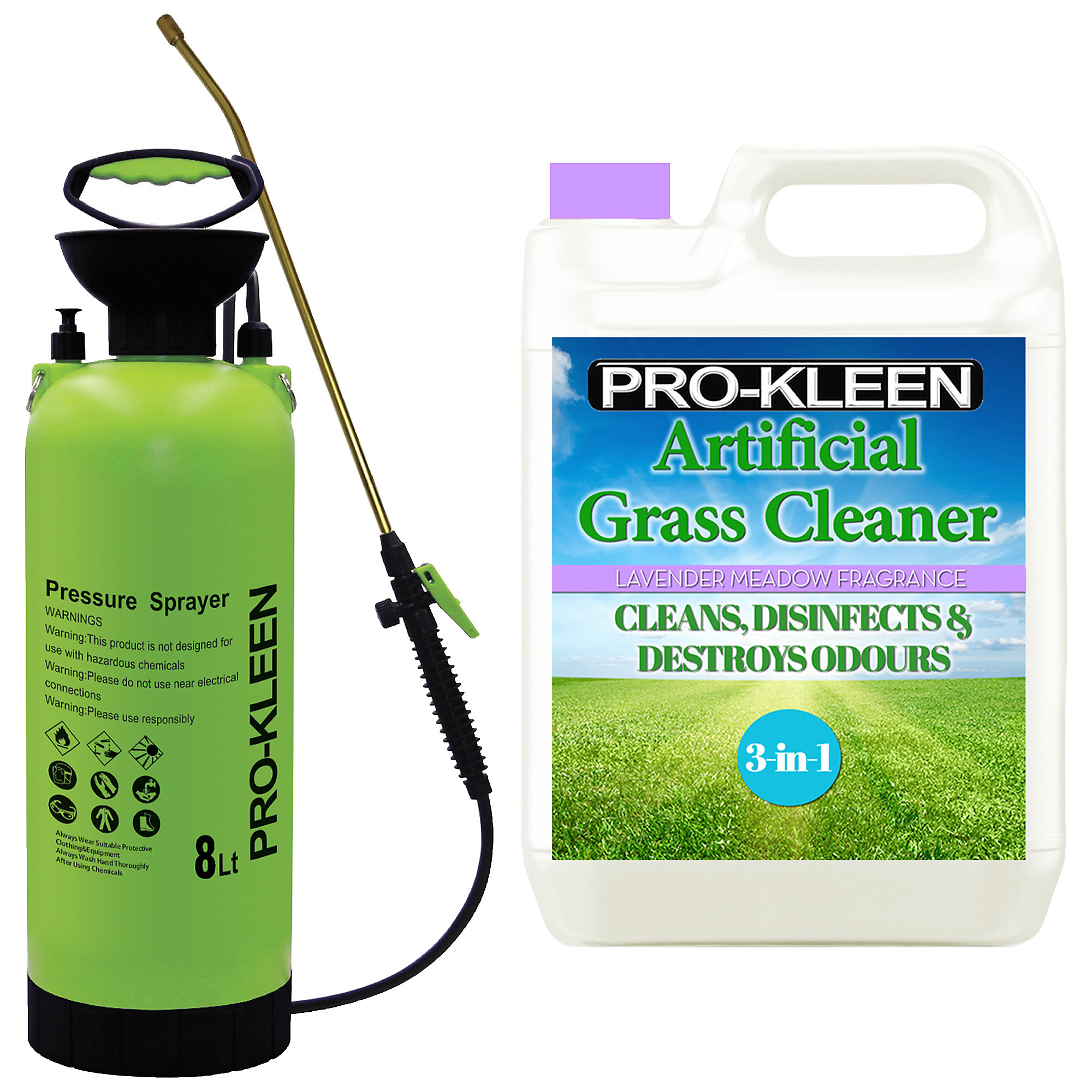 ProKleen 8L Pump Pressure Sprayer & Lavender Scent Artificial Grass Cleaner 5L in Purple